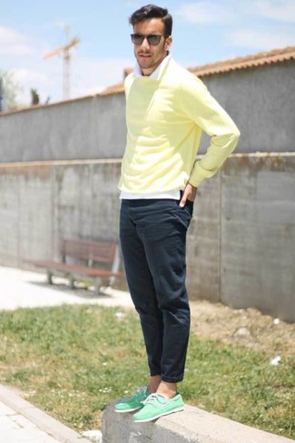 Men's Mint Canvas Boat Shoes, Navy Chinos, White Long Sleeve Shirt, Yellow Crew-neck Sweater