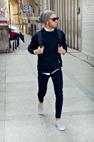 Men's Grey Suede Slip-on Sneakers, Black Chinos, White Long Sleeve Shirt, Navy Crew-neck Sweater