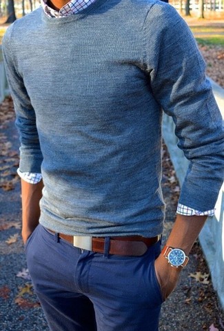 Men's Brown Leather Belt, Blue Chinos, White Check Long Sleeve Shirt, Blue Crew-neck Sweater