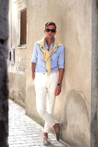 Men's Multi colored Canvas Espadrilles, White Chinos, Light Blue Chambray Long Sleeve Shirt, Yellow Crew-neck Sweater