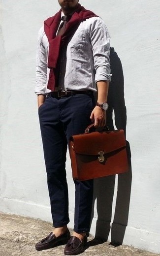 Men's Dark Brown Leather Tassel Loafers, Navy Chinos, White Vertical Striped Long Sleeve Shirt, Red Crew-neck Sweater