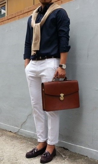 Men's Burgundy Leather Tassel Loafers, White Chinos, Navy Long Sleeve Shirt, Tan Crew-neck Sweater