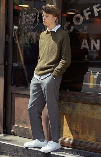 Men's White Leather Low Top Sneakers, Grey Chinos, White and Navy Check Long Sleeve Shirt, Olive Crew-neck Sweater