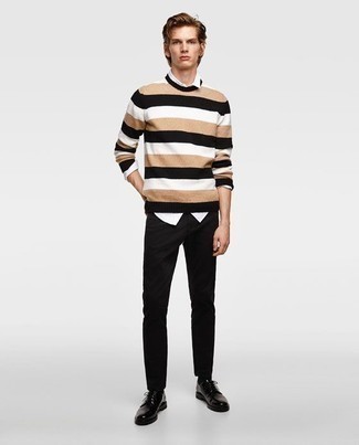 Beige Horizontal Striped Crew-neck Sweater with Black Chinos Outfits: 