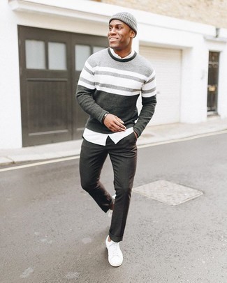 Grey Horizontal Striped Crew-neck Sweater Outfits For Men: 