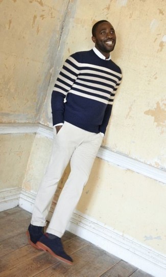 Navy and White Horizontal Striped Crew-neck Sweater Outfits For Men: 