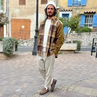 Men's Brown Suede Loafers, Beige Corduroy Chinos, Brown Plaid Flannel Long Sleeve Shirt, White Crew-neck Sweater
