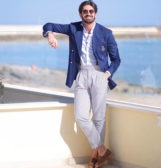 Men's Brown Suede Tassel Loafers, Light Blue Vertical Striped Chinos, White Long Sleeve Shirt, Navy Double Breasted Blazer