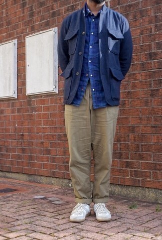 Men's White Leather Low Top Sneakers, Khaki Chinos, Navy Plaid Long Sleeve Shirt, Navy Wool Field Jacket