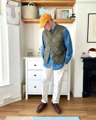Men's Burgundy Leather Desert Boots, White Chinos, Blue Chambray Long Sleeve Shirt, Olive Quilted Gilet