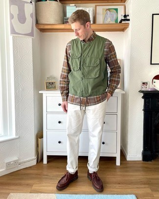 Men's Burgundy Leather Desert Boots, White Chinos, Brown Plaid Long Sleeve Shirt, Olive Gilet