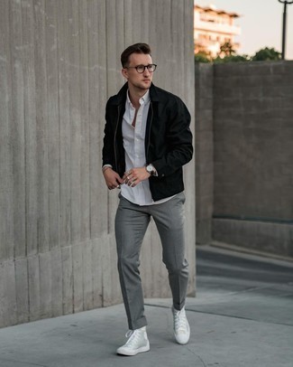 Men's Grey Canvas High Top Sneakers, Grey Chinos, White Long Sleeve Shirt, Black Harrington Jacket