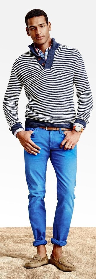 Men's Tan Suede Loafers, Blue Chinos, White and Red and Navy Plaid Long Sleeve Shirt, Navy and White Horizontal Striped Henley Sweater