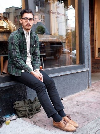 Teal Plaid Long Sleeve Shirt Outfits For Men: 