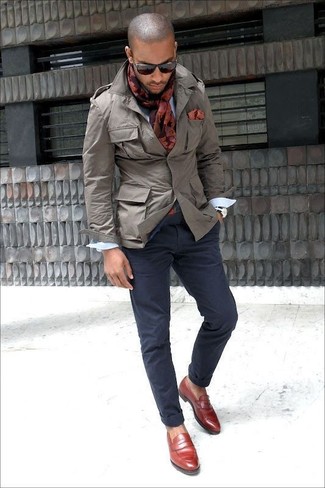 Men's Burgundy Leather Loafers, Navy Chinos, White Long Sleeve Shirt, Grey Military Jacket