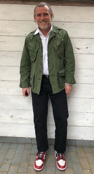 Dark Green Military Jacket Outfits For Men After 60: 