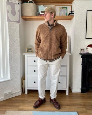 Men's Burgundy Leather Desert Boots, White Chinos, Brown Plaid Long Sleeve Shirt, Brown Fleece Mock-Neck Sweater