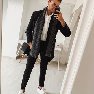 Men's White and Black Leather Low Top Sneakers, Black Chinos, White Long Sleeve Shirt, Black Overcoat