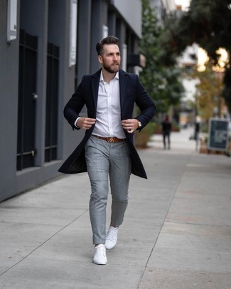 Men's White Canvas Low Top Sneakers, Grey Plaid Chinos, White Long Sleeve Shirt, Navy Overcoat
