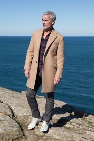 Men's Beige Canvas Low Top Sneakers, Charcoal Chinos, Navy and Red Plaid Long Sleeve Shirt, Camel Overcoat