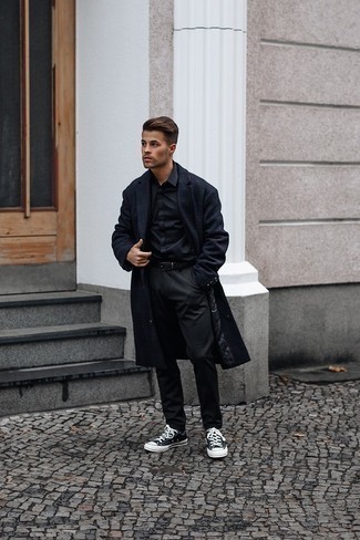 Men's Black and White Canvas Low Top Sneakers, Black Chinos, Black Long Sleeve Shirt, Navy Plaid Overcoat