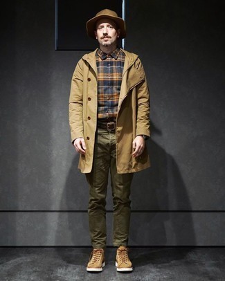 Men's Tan Suede Casual Boots, Olive Chinos, Navy Plaid Flannel Long Sleeve Shirt, Tan Raincoat