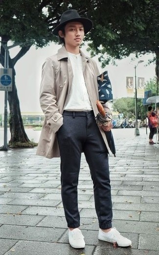 Men's White Canvas Low Top Sneakers, Charcoal Chinos, White Long Sleeve Shirt, Beige Raincoat