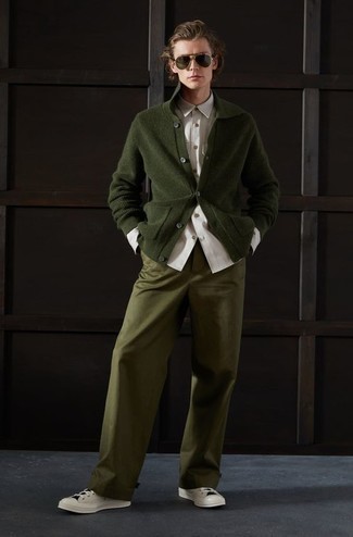 Men's White Canvas Low Top Sneakers, Olive Chinos, White Long Sleeve Shirt, Dark Green Shawl Cardigan