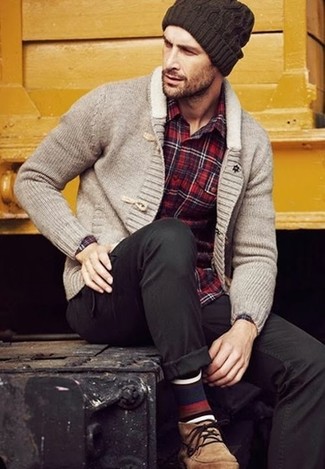 Charcoal Shawl Cardigan Outfits For Men: 