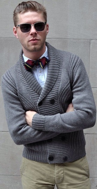 Men's Burgundy Vertical Striped Bow-tie, Khaki Chinos, Light Blue Vertical Striped Long Sleeve Shirt, Grey Shawl Cardigan