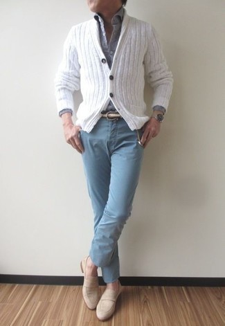 Men's Beige Suede Loafers, Light Blue Chinos, Grey Chambray Long Sleeve Shirt, White Shawl Cardigan