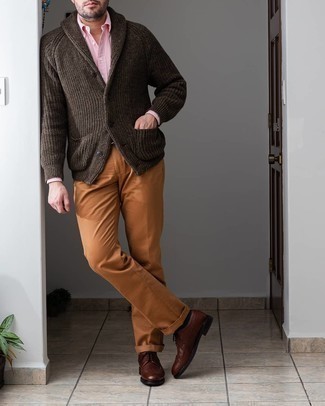Men's Dark Brown Leather Brogues, Tobacco Chinos, White and Red Vertical Striped Long Sleeve Shirt, Dark Brown Shawl Cardigan