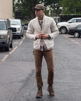 Men's Dark Brown Suede Casual Boots, Brown Chinos, Grey Vertical Striped Long Sleeve Shirt, White Shawl Cardigan