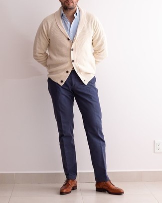 Men's Brown Leather Brogues, Navy Chinos, Light Blue Long Sleeve Shirt, Beige Shawl Cardigan