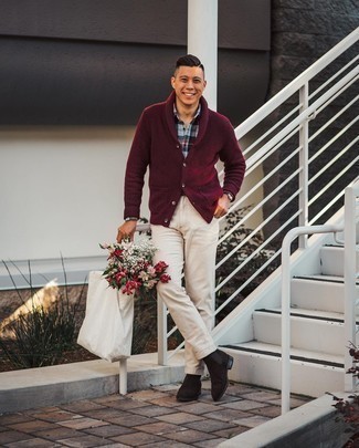 Burgundy Shawl Cardigan Smart Casual Outfits For Men: 