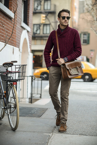 Burgundy Shawl-Neck Sweater Outfits: 