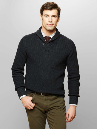 Charcoal Shawl-Neck Sweater Outfits: 