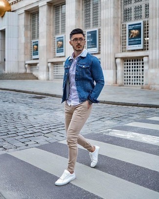Men's White Canvas Low Top Sneakers, Beige Chinos, White and Blue Vertical Striped Long Sleeve Shirt, Blue Denim Shearling Jacket