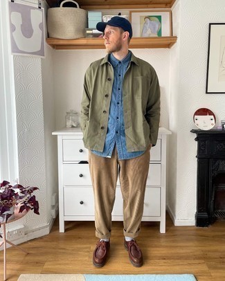 Men's Dark Brown Leather Desert Boots, Brown Corduroy Chinos, Blue Chambray Long Sleeve Shirt, Olive Shirt Jacket