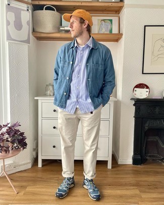 Men's Navy and White Athletic Shoes, Beige Chinos, Light Blue Vertical Striped Long Sleeve Shirt, Blue Chambray Shirt Jacket