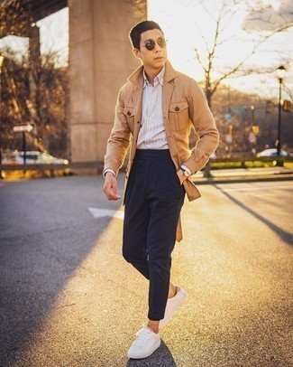 Men's White Leather Low Top Sneakers, Navy Chinos, White Vertical Striped Long Sleeve Shirt, Tan Shirt Jacket