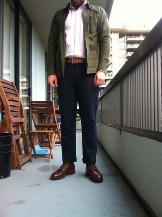 Men's Dark Brown Leather Casual Boots, Navy Chinos, Pink Long Sleeve Shirt, Olive Shirt Jacket
