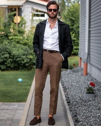 Black Linen Shirt Jacket Outfits For Men: 