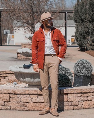 Orange Corduroy Shirt Jacket Outfits For Men: 
