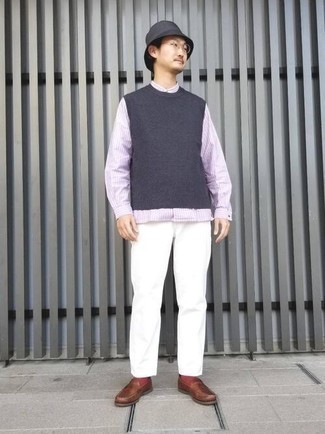 Light Violet Vertical Striped Long Sleeve Shirt Outfits For Men: 