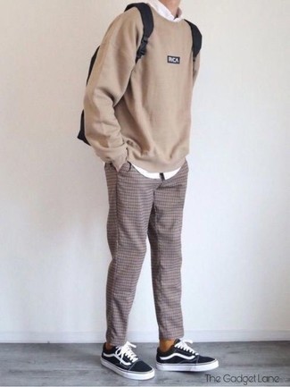 Men's Black and White Canvas Low Top Sneakers, Brown Check Chinos, White Long Sleeve Shirt, Tan Sweatshirt