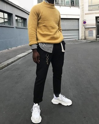 Men's White Athletic Shoes, Black Chinos, White and Black Vertical Striped Long Sleeve Shirt, Mustard Turtleneck