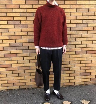 Men's Dark Brown Leather Loafers, Navy and Green Plaid Chinos, White and Red Vertical Striped Long Sleeve Shirt, Red Wool Turtleneck