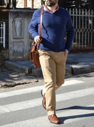 Men's Brown Leather Brogues, Khaki Chinos, White and Pink Vertical Striped Long Sleeve Shirt, Navy V-neck Sweater