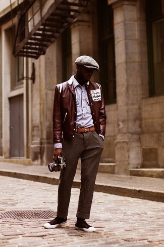 Dark Brown Varsity Jacket Outfits For Men: 